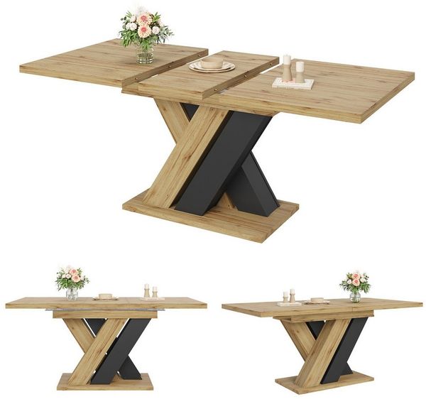 autolock Esstisch Teleskoptisch Küchentisch Ausziehbarer Esstisch mit X-förmigen Beinen (119-158,5×80×75 cm), Holzfarbener Esstisch für Küche und Wohnzimmer