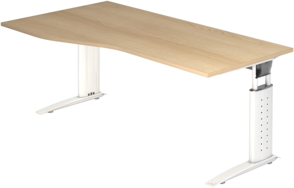 bümö höhenverstellbarer Schreibtisch U-Serie 180x100 Eiche, Gestell in weiß - großer PC Tisch für's Büro manuell höhenverstellbar, Computertisch verstellbar, US-18-E-W