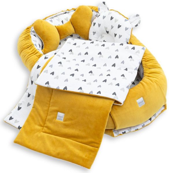 Loolay Kuschelnest BABYNEST 5 TLG. Set PREMIUM Babyausstattung Baumwolle & Samt Velours, (MUSTER: GELB Samt Velour/ Herzchen Grau, 5-tlg, Liebevoll handgefertigt Nestchen! Geborgenheit Komfort für Neugeborene), Premium Ausstattung - 100% Europäische St...