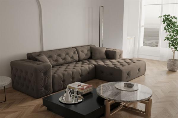 Ecksofa Designersofa CHANTAL in Stoff Opera Velvet Braun Ottomane Rechts