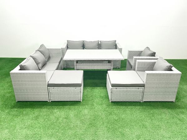 Fimous Rattan Gartenmöbel-Set Outdoor 8 Sitzer mit Esstisch 2 Sesseln 2 Großer Hockern Hellgrau gemischt