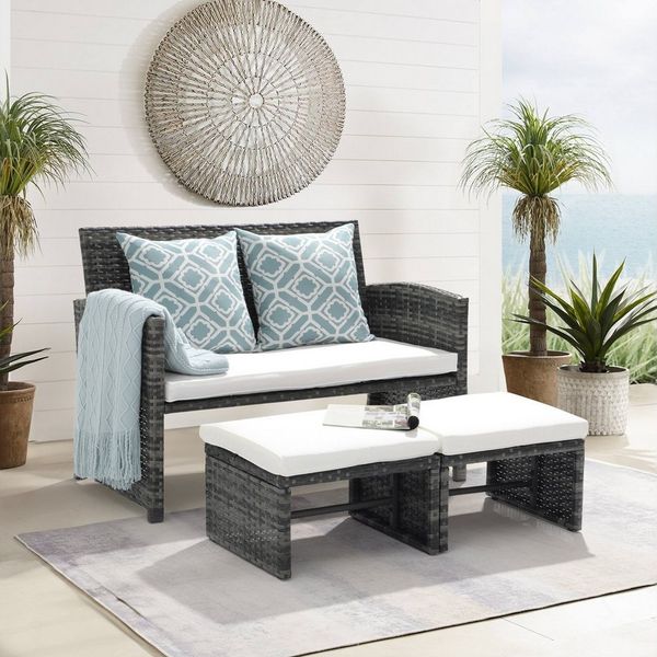 Sunsitt Gartenbank Outdoor Loveseat (3-tlg Terrassenmöbel-Set, Allwetter Rattan Gartenbank mit 2 Hocker), Grau Rattan&Grau Kissen