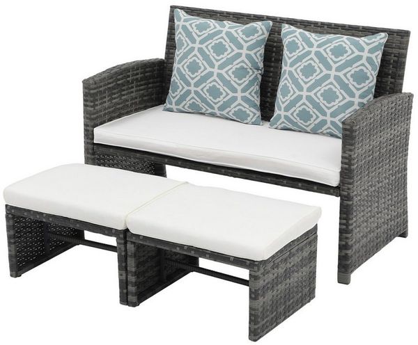 JOIVI Gartenbank Outdoor Loveseat (3-tlg Terrassenmöbel-Set, Allwetter Rattan Gartenbank mit 2 Hocker), Grau Rattan&Grau Kissen