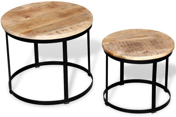 2-tlg. Couchtisch-Set, Sofatische Raues Mangoholz Rund 40cm/50cm