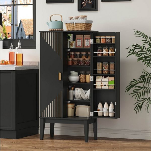 Flieks Mehrzweckschrank Hochschrank mit 2 Türablagen, Beine aus Massivholz (1-St, H120xB59xT30 cm) Küchenschrank Sideboard Aufbewahrungsschrank Schwarz