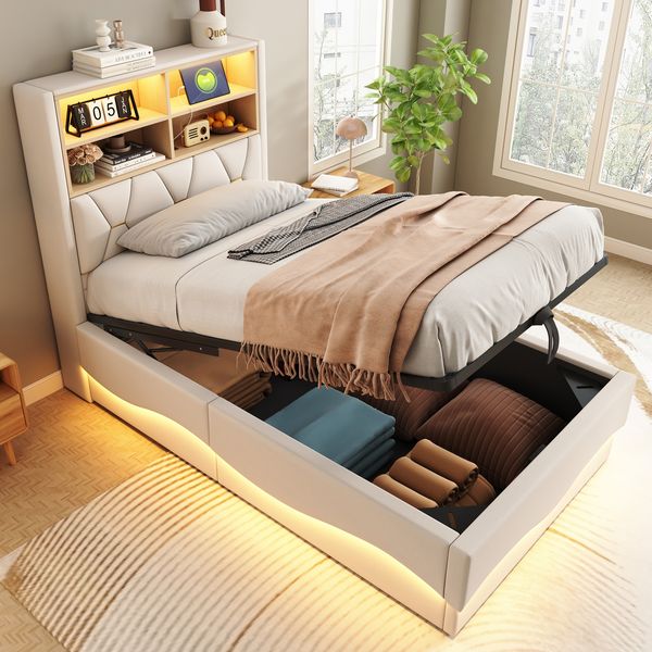 Merax Polsterbett, 90×200 cm Kinderbett, mit hydraulischem Stauraum, LED-Lichtband, USB-Ladeanschluss, Leinenpolsterung, Beige