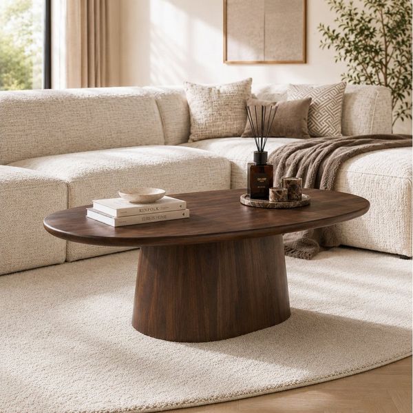 LEVEN Lifestyle Couchtisch Ovaler Couchtisch MILANO aus Akazienholz Braun, Länge 135 cm
