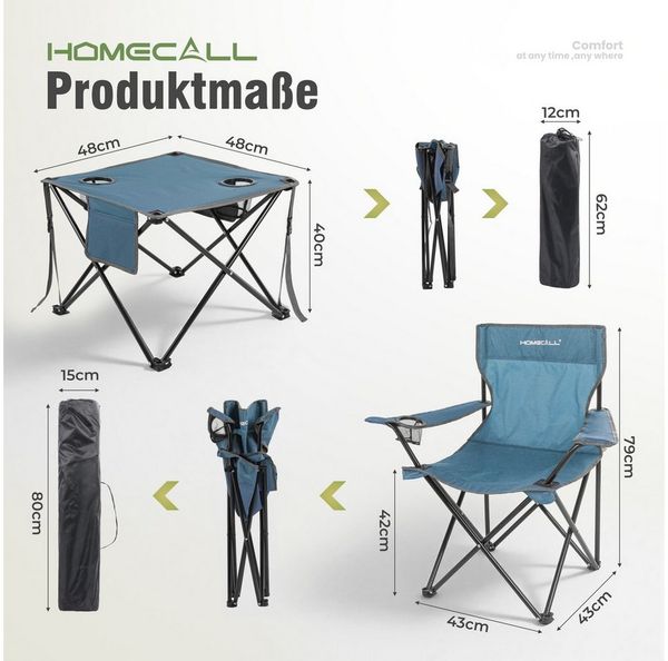 HOMECALL Campingstuhl Campingtisch mit Stühlen Klappstuhl Camping Faltstuhl Picknicktische (Rutschfest & Wetterfest, für Camping, Picknick, Angeln), Faltstuhl Campingstuhl mit Tisch Klapptisch mit Stühlen