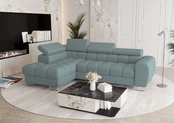 Ecksofa Schlafsofa BASTIEN in Stoff Gemma Türkis Ottomane Links