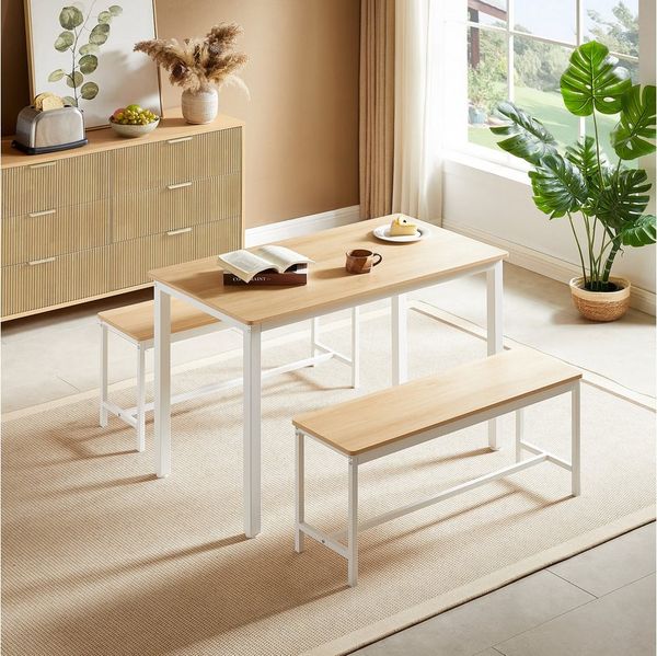 HAUSS SPOLE Essgruppe 3-tlg Bartisch mit 2 Essbänken,Esstisch-Set mit Küchentisch,natur/weiß, (Esszimmerstuhl set für vier Personen, für Küche, Wohnzimmer, Partyraum), Einfache Montage
