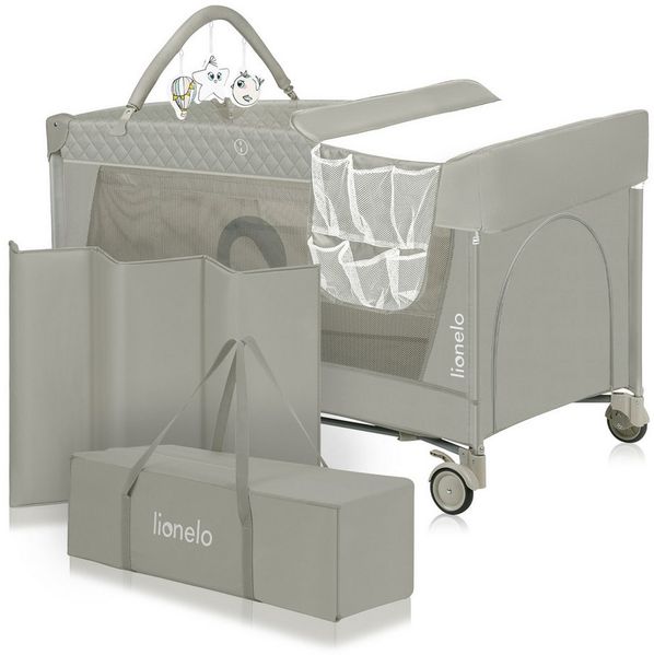Lionelo Flower 4in1 Reisebett Baby mit Seiteneingang, Wickeltisch, Zwei Matratzenaufhängungshöhen, Spielzeugbogen mit Spielfiguren, Rollen, Tragetasche