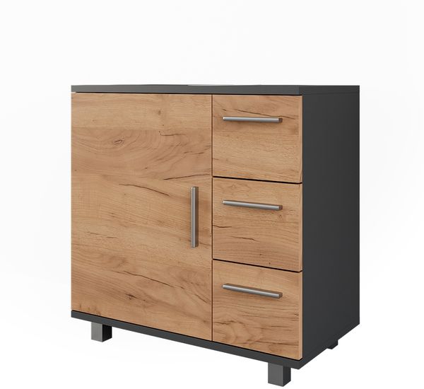 Waschbeckenunterschrank Ilias Anthrazit/Goldkraft Eiche 60 x 60.8 cm mit Tür und 3 Schubladen Vicco