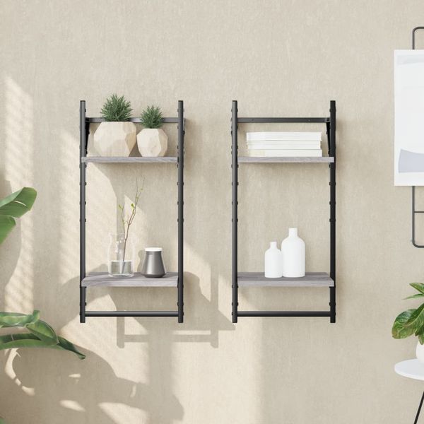 vidaXL Wandregale mit 2 Ablagen & Stangen 2 Stk Grau Sonoma 30x25x65cm 836256