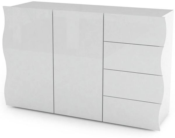 Dmora Kommode Aksa, Küchen-Sideboard mit 2 Türen und 4 Schubladen, Wohnzimmer-Buffet, 100 % Made in Italy, 124 x 40 x 81 cm, glänzendes Weiß,