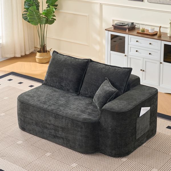 2-Sitzer Sofa, ohne Montage weiches Sofa mit Kissen und Seitentaschen, Stoff, Schwarz, —