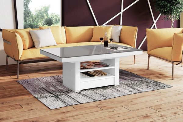 designimpex Couchtisch HLM-111 Grau / Weiß Hochglanz Schublade höhenverstellbar ausziehbar, Funktionstisch, Wohnzimmertisch, Tisch, Esstisch, Sofatisch, Schublade