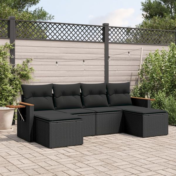 vidaXL 6-tlg. Garten-Sofagarnitur mit Kissen Schwarz Poly Rattan 3227056
