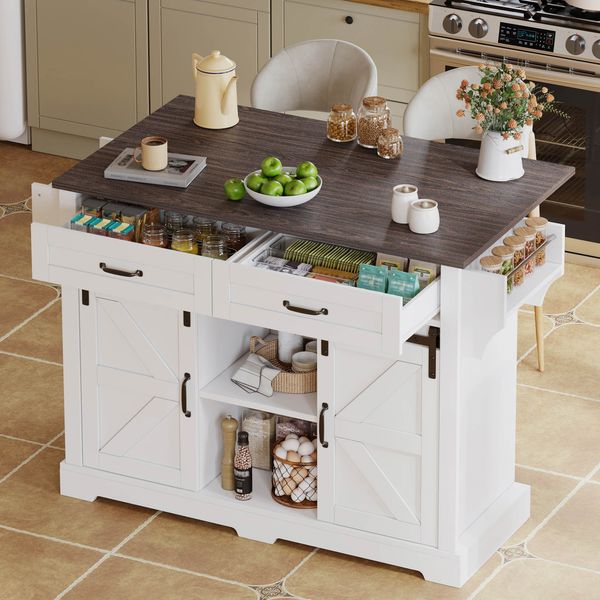 Kücheninsel mit klappbarer Arbeitsplatte,Küchenwagen auf Rollen Küchenschrank mit 2 Schiebetüren und 2 Schubladen im Scheunenstil Küchen-Aufbewahrungsschrank,weiß,120 x 45 x 91 cm