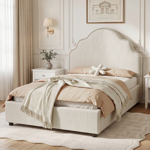 Merax Polsterbett, Einzelbett, Kinderbett 90x200 cm, Bett mit gepolstertes Kopfteil, leinen, beige
