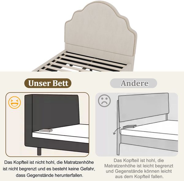 Merax Polsterbett, Einzelbett, Kinderbett 90x200 cm, Bett mit gepolstertes Kopfteil, leinen, beige Bild 7
