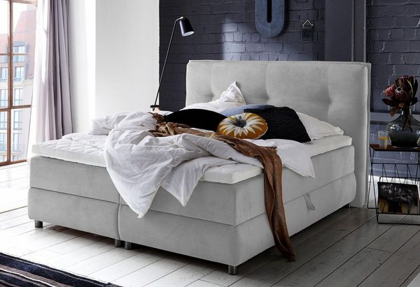 Atlantic Home Collection TILO Boxspringbett inklusive Topper (Härtegrad H2) und Stauraumfunktion beidseitig, hellgrau, 200x200 cm