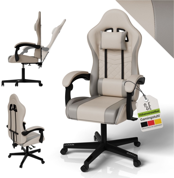 Juskys Gamingstuhl HyperSeat, verstellbare Rückenlehne, höhenverstellbarer Drehstuhl, Kunstleder, ergonomisch, für Büro & Gaming Setup – Beige/hellgrau