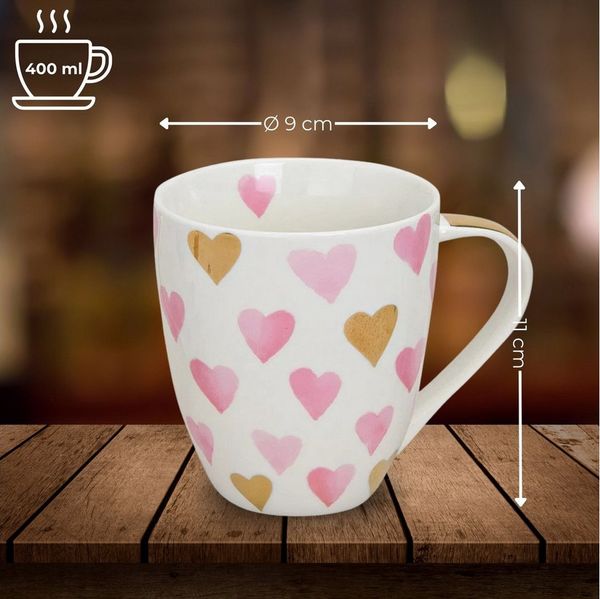 matches21 HOME & HOBBY Tasse XXL Kaffeetassen 2er Set aus Porzellan mit gold-rosa Herzen, 1-tlg, Porzellan, Jumbo Teetassen 400 ml