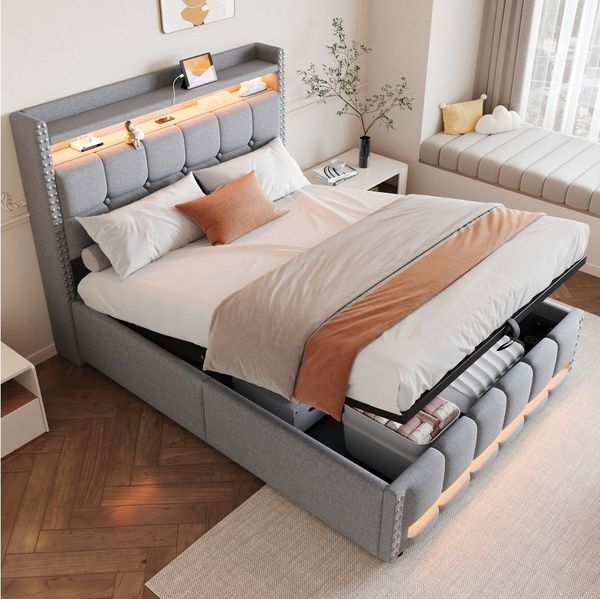 HAUSS SPOLE Polsterbett 140x200cm mit Matratze Komfortbett, LED-Beleuchtung & USB-Steckdose