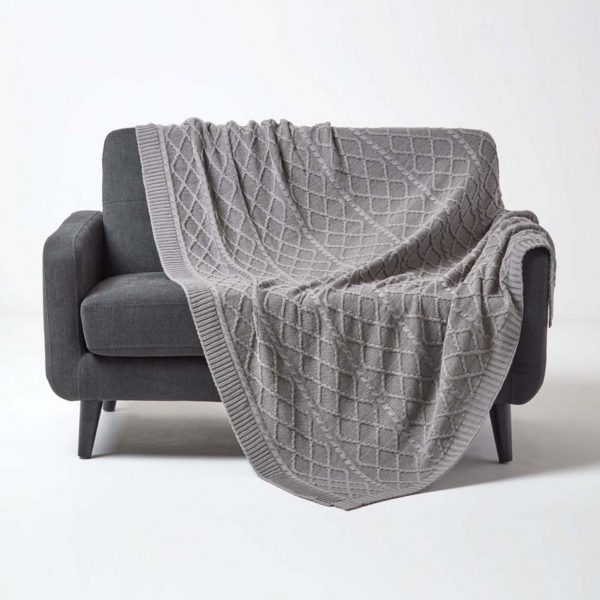 Plaid Strickdecke aus 100% Baumwolle, grau, 130 x 170 cm, Homescapes