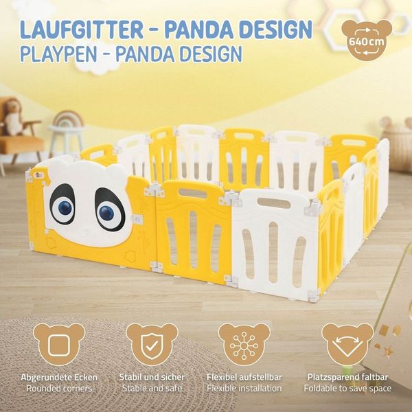 Joyz Laufgitter Laufstall Baby Krabbelgitter faltbar Absperrgitter Zaun Babygitter, Kinderlaufstall 160×160 cm Weiß-Gelb Schutzgitter mit Tür und Lernuhr