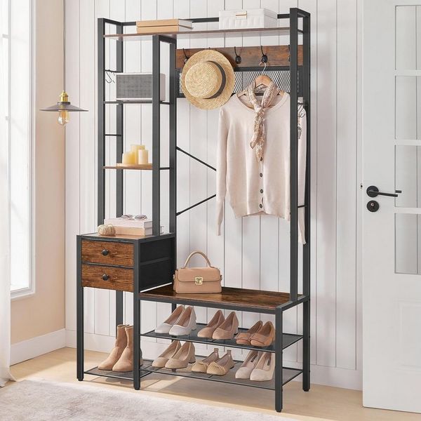 Hoobro Garderobenständer mit Schuhbank, (Schuhregal mit Garderobe, Eingangsmöbel mit Haken und Schubladen aus Vliesstoff), Garderobe mit Sitzbank, für Wohnzimmer, Flur