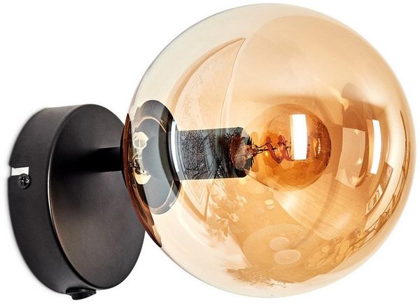hofstein Wandleuchte Wandlampe aus Metall/Glas in Schwarz/Bernsteinfarben, ohne Leuchtmittel, Wandleuchte im Retro/Vintage-Design mit Glasschirm (15 cm), E14