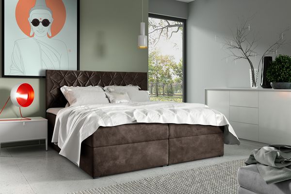 MEBLINI Boxspringbett BILBAO 200x200 cm mit Bettkasten – H4/Braun Samt Polsterbett - Gepolstert Doppelbett mit Matratze und Topper - Polsterbett mit Stauraum - Bett mit Kopfteil – Stauraumbett
