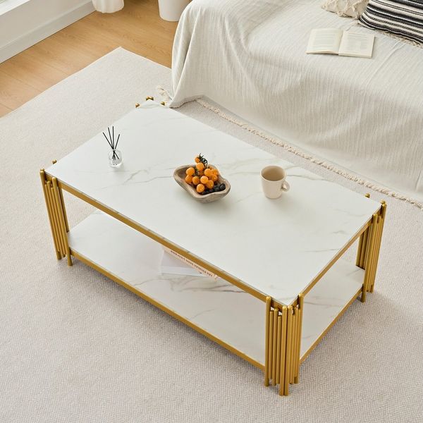 HAUSS SPOLE Couchtisch Rechteckig in Marmoroptik mit Metallbeine&Ablagen,Sofatisch,Weiß+Gold (Kaffeetisch mit exquisite Marmorimitat-Struktur, Zwei geräumige Ablagen bieten reichlich Stauraum), zu verschiedenen Einrichtungsstilen und Raumgestaltungen p...