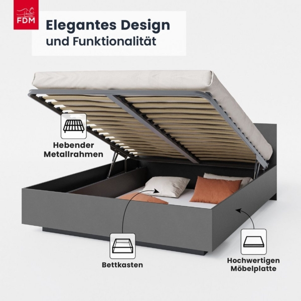 FDM Stauraumbett Bett Stauraumbett PERU Bettgestell 90x200, 140x200 & weitere Größen (verfügbar 90x200 120x200 140x200 160x200 180x200cm, Bettrahmen, Bett, mit großen Kopfteil, mit Bettkasten zum aufklappen), mit/ohne Matratze Bild 2