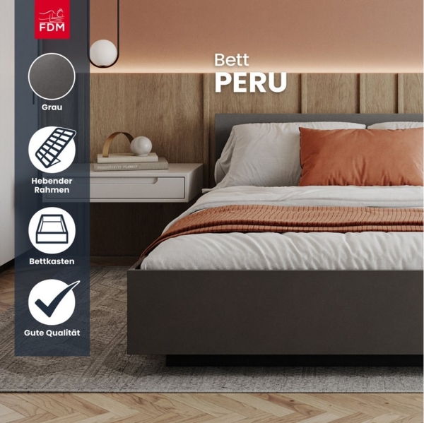 FDM Stauraumbett Bett Stauraumbett PERU Bettgestell 90x200, 140x200 & weitere Größen (verfügbar 90x200 120x200 140x200 160x200 180x200cm, Bettrahmen, Bett, mit großen Kopfteil, mit Bettkasten zum aufklappen), mit/ohne Matratze Bild 3