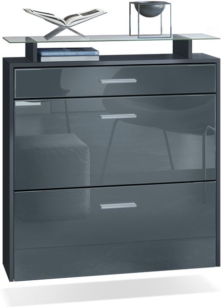 Vladon Schuhschrank Malea, Anthrazit matt/Grau Hochglanz - hängender Schuhkipper für 16 Paar Schuhe (89 x 96 x 23 cm)