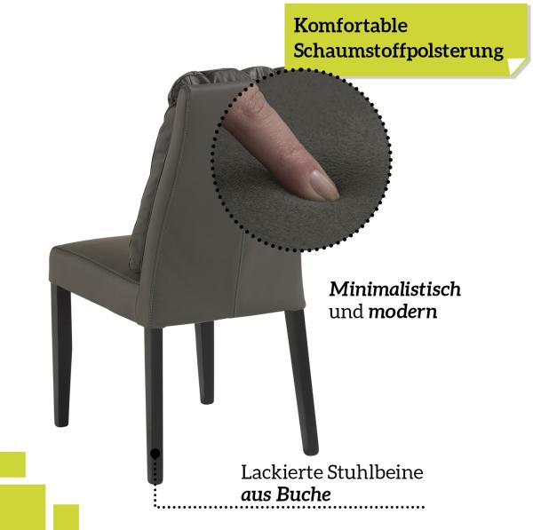 smart 2er Set Esszimmerstühle Bezug aus Leder anthrazit | Stuhlbeine aus Massivholz Buche lackiert - Küchenstuhl, Wohnzimmerstuhl, Polsterstuhl mit Schaumstoffpolsterung Bild 2