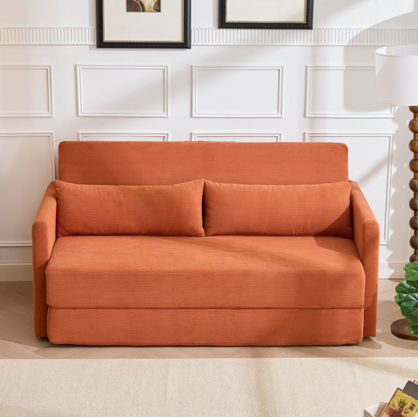 2-in-1 Sofabett 165 x 92 x 82 cm in Orange mit Cordstoff, zwei Lendenkissen und Magazintaschen