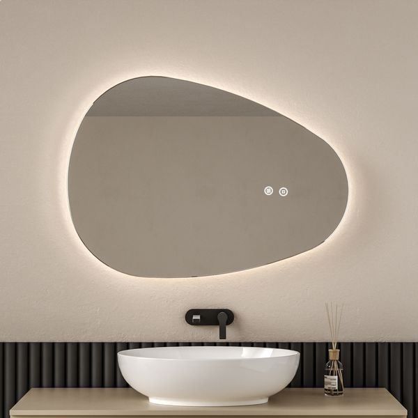 EMKE Spiegel mit Beleuchtung Asymmetrischer LED Badspiegel mit Beleuchtung 60 x 45 cm Touch-Schalter, 3 Lichtfarben Dimmbar, Beschlagfrei Badezimmerspiegel mit Beleuchtung IP44 Energiesparend