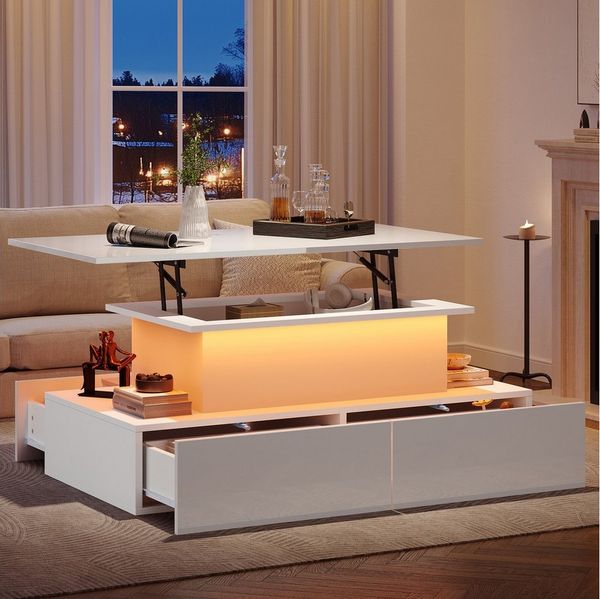 STILVORA Couchtisch Hebbarer Wohnezimmertisch mit LED,Beistelltisch mit Stauraum,weiß (Satztisch, Wohnzimmertisch, Beistelltisch, 1-St, 4 Schubladen, 1 versteckten Stauraum), Hochglanz-Couchtisch mit LED-Beleuchtung