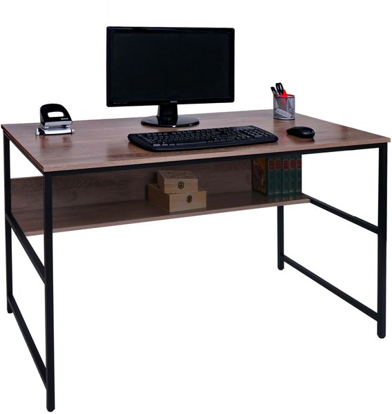 Schreibtisch HWC-K80, Bürotisch Computertisch Arbeitstisch Ablage, Metall MDF 120x60cm ~ grau-braun