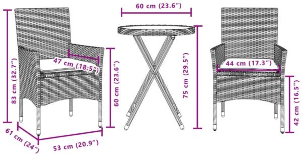 vidaXL 3-tlg. Bistro-Set, mit Kissen, Braun Poly Rattan und Glas, Ø 60x75 cm Bild 9