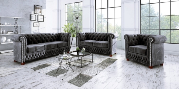 S-Style Möbel Chesterfield-Sofa Leeds 2-Sitzer aus Samt-Stoff mit Holzfüßen, mit Wellenfederung Bild 2