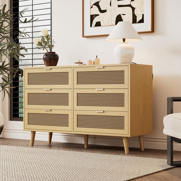 Merax Kommode mit 6 Schubladen, Schubkastenkommode,Sideboard Rattan geflecht,Massivholzbeine,B:120cm