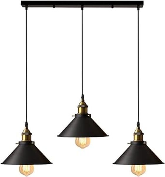 iDEGU 3-flammige Pendelleuchte, Industrial Edison-Design, Metall, mit 50 cm Stangenaufhangung, 22 cm Durchmesser, Schwarz