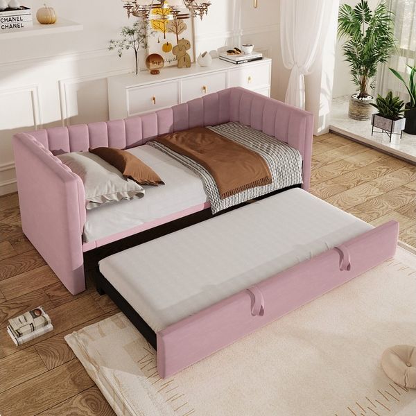 Merax Daybett 90x200cm/180x200cm mit Ausziehbett (1 tlg), Polsterbett Sofabett Samt Einzel-/Doppelbett, Samt