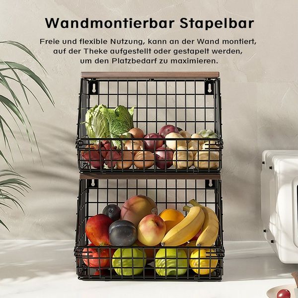 Refined Living Obstschale Obstkorb Hängend 2 Etagen, Wandkorb Schwarz mit Holzdeckel, 2er Set, Hochwertiger Kohlenstoffstahl + Holz, (Stapelbar Küchenorganizer, Obstschale Hängekorb, Schwarz Metall Wandkorb,Drahtkorb Küche, Gemüsekorb, Wandkorb Küche, ...