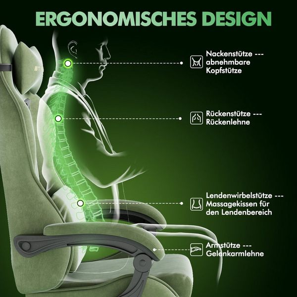 Ferghana Gaming-Stuhl Gaming-Stuhl: Kopfstütze, Lendenkissen, Armlehnen, Fußstütze (Packung), Ergonomischer PC-Stuhl,Rückenlehne 90°-125°