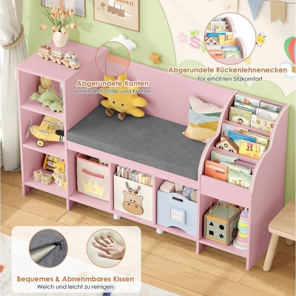 HOMECHO Spielzeugtruhe, Bücherregal Kinder mit Kissen und 7 Ablagefächern Weiß